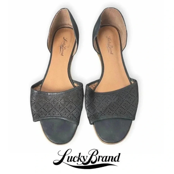 Lucky Brand Black Leather Open Toe Sandals - Picture 1 of 7